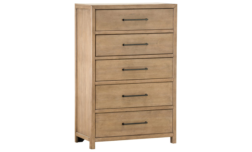 Wooden dresser with five drawers on a white background